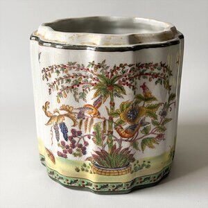 Vintage Hand-Painted Ceramic Planter/Pen Holder Chinoiserie Style Birds Floral